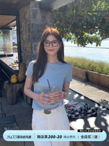 Short Sleeve Blue Base Shirt Womens Fashion Summer 2025 Slim Fit Short Top round Neck Regular Thickness Spring Season