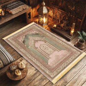 Thảm Cầu Nguyện Hồi Giáo VIKAMA Vintage Màu Hồng Xanh Họa Tiết Tinh Xảo Thảm Thờ Cúng Với Tua Rua Vàng Thảm Polyester Hình Học Dành Cho Gia Đình
