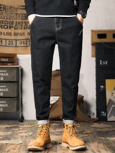 ROMON | Lormen Mens Fleece Lined Straight Leg Jeans Thick Winter Casual Black Elastic Loose Fit Long Trousers Trendy Youth Style