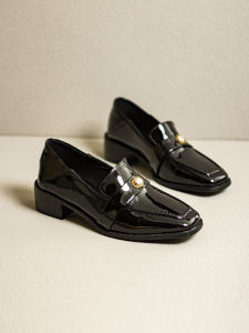 Black Patent Leather Square Head Chunky Heel Womens Loafers Retro British Style Commuter Fashion Single Shoes Deep Mouth