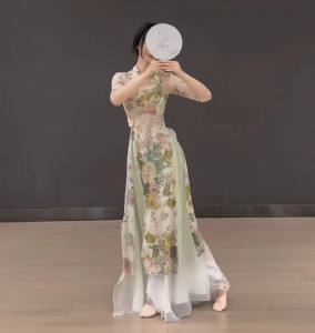 Summer 2024 New Style Cheongsam Dress Three-Piece Set Large Size Retro Feel High Slit Long Sleeve Floral Pattern Polyester Fiber