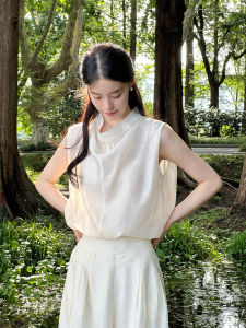 chaqi | French Vintage Collarless White Sleeveless Shirt Women Summer High-End Flax Gauze Vest Shoulder Baring Elegant Top