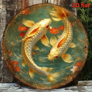 CIFbuy | 2D Retro Koi Fish Metal Sign Round Aluminum Plate Feng Shui Wealth Decor for Living Room Study Tea Room Gift