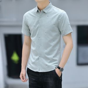 ROMON | Romon Mens Short Sleeve Shirt Summer Thin Casual Business Print Slim Fit Trendy Iron Free Shirt Jacket Polyester Rayon Cotton Blend