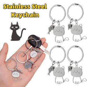 2PCS Cute Cartoon Cat Fish Keychain Couple Lovers Stainless Steel All-match Keyring Lovely Pendant Key Chain