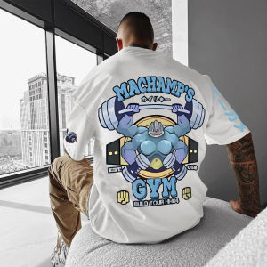 Bandai | Summer 2026 Anime Pokemon Cotton T Shirt Machamp Back Print Weightlifting Blue Skin Muscle Design Loose Fit Men Women Casual