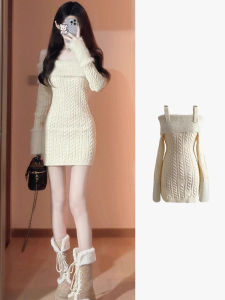 French Style One Shoulder Knitted Mini Dress Womens Autumn Winter 2025 New Inner Wear Base Layer Bodycon Sweater Short Skirt