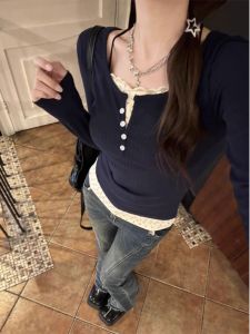 Autumn Winter Lace Floral Print Long Sleeve T-Shirt Women Slim Fit Style Korean Commute Creative Patterned Top Fake Two-Piece