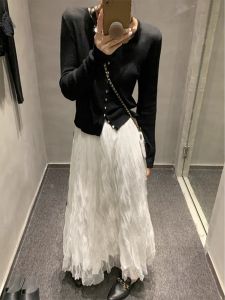 French Style High Waist A-Line Midi Skirt Womens Early Autumn New Slimming Tulle Fairy Skirt Commute Korean Style Pleated