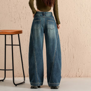 QIAOMIDUO | Retro Washed Autumn Winter High Waist Wide Leg Womens Jeans Slimming Bootcut Denim Pants Casual Comfortable Cotton Blend