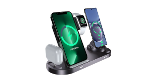 BassXperience 2025 แท่นชาร์จไร้สายแบบใหม่ 6-in-1 แท่นชาร์จไร้สายแบบอัพเกรดใหม่ ชาร์จเร็ว 15W ใช้งานได้กับ iPhone Apple Watch Airpods แท่นชาร์จไร้สายแบบตั้งโต๊ะ