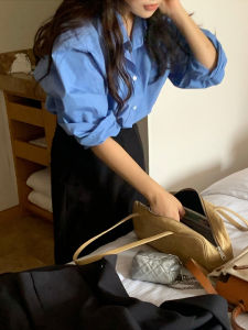 Blue Cotton Casual Loose Womens Shirt Korean Style Spring New Layering Boyfriend Style Pure Color Button up Long Sleeve Polo Collar