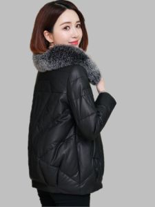Womens Short PU Leather down Cotton Jacket Thickened Large Fur Collar Autumn Winter New Style Korean Style Straight Cut Coat