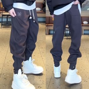 LKT.NINE2723 Mens Trendy Brand Embroidered Fleece Lined Thickened Loose Cuffed Zipper Sports Casual Pants Autumn Winter