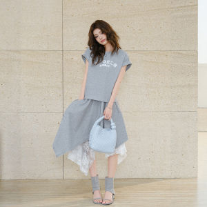 American Sweet and Cool Letter T-Shirt Lace Irregular Skirt Suit