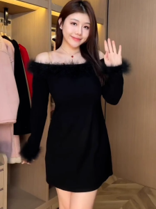 plus Size Womens French Style One Shoulder Long Sleeve Dress Spring Micro Plump Inner Wear Waist Cinching Slimming Skirt
