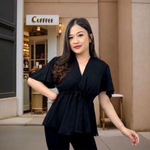 Atasan Wanita Terbaru   Model Tali Serut Kerah V / Blouse Wanita Lengan Pendek Terlaris Kemeaja Wanita Kekinian