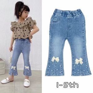 Celana Jeans Anak Perempuan Balita Cutbray Korean Style Aplikasi Pita Mutiara