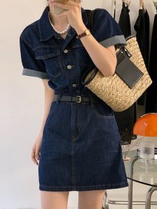 Deep Blue Short Sleeve Denim Dress Womens A-Line Mini Skirt High Waist Korean Style Spring Summer New Fashion Cotton Blend Dress