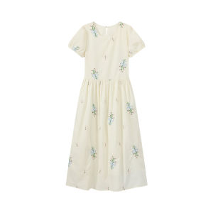 Embroidered Round Neck Sleeveless Dress A-Line Waist-Cinched
