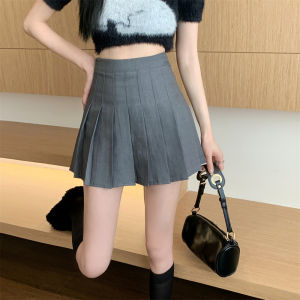 Gray Mid-Length Pleated Skirt Womens Winter Preppy Style Tall Elastic Waist Pantskirt Slim Looking A- line Skirt
