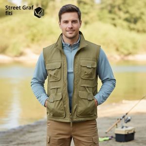 เสื้อกั๊กผู้ชายแบบมีกระเป๋าหลายช่องสำหรับกิจกรรมกลางแจ้ง ตกปลา ไซส์ใหญ่ คอตั้ง ระบายอากาศ แห้งเร็ว ปี 2025