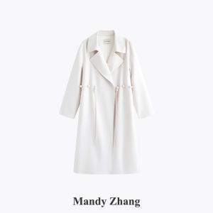 Elegant Design White Long Coat Female Autumn With Imitation Pearl Belt