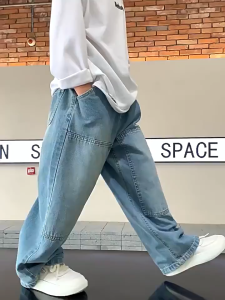 Korea Jeans Cargo Pants for Kids Boys with 6 Pockets Loose Fit Jeans Fashion Cargo for Childrens Light Blue Jogging Pants