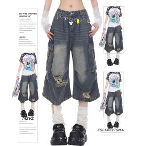 MZVZ | Retro Multi-Pocket Ripped High-Waisted Capri Jeans