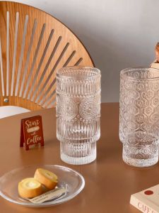 Storix Transparent Embossed Glassware with Bamboo Lid Vintage Iced Coffee Cups Glassware with Straw and Cleaning Brush
