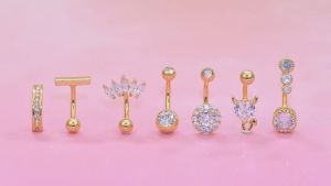 Golden Belly Button Rings Pack Stainless Steel 10mm Heart Flower Zircon Crystal Navel Hoops Clicker Belly Piercing Jewelry