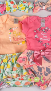 PAYI BABY-3PCS Baby Girls Short Sleeve Onesies Cotton Romper Bodysuits+Floral Ruffle Shorts+Headband