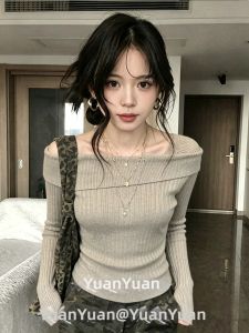 Womens Knitted Base Shirt High Waist Long Sleeve Shoulder High Fashion Spring Autumn Winter Unusual Inner French Style Top