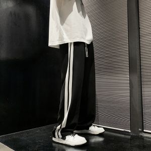 Black Stripe Casual Long Pants Mens 190cm Tall Autumn Winter American Extended Loose Straight Sport Trousers