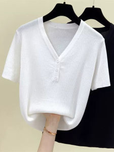 Áo Thun Tay Ngắn Lụa Băng Cổ Chữ V Dáng Rộng Mùa Hè Cho Nữ Thời Trang Đa Năng Giảm Béo Áo Thun Cotton Pha Trộn Thường Ngày