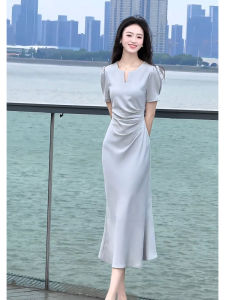 SHANGSHA | Elegant High-End French Style Blue Dress
