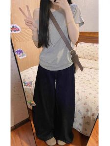 plus Size Womens American Retro High Waist Wide Leg Jeans Washed Loose Fit Straight Leg Pants Spring Autumn New Style