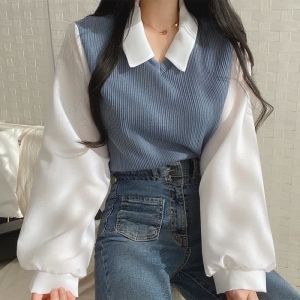 Long Sleeved T-shirt With Striped Retro Polo Collar Sweatshirt Womens Loose Collared Top