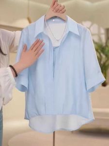 Summer Lightweight Silk Chiffon Polo Shirt Womens Commute Casual Loose Fit Short Sleeve Asymmetric Korean Style Blouse
