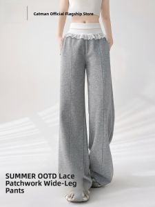 MiiOW | Lace Splicing Wide Leg Pants Womens Summer Thin Casual Loose Style High Waist Cotton Blend Elastic Fabric Straight Cut Pants