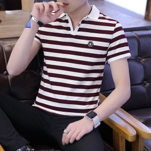ROMON | Lormen Mens Short Sleeve T-Shirt Summer Thin Ice Silk Stripe Casual Polo Shirt V-neck Turn-down Collar Fashionable City Style