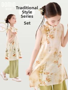 DOMIO | Summer Childrens Clothing Set Traditional Chinese Hanfu Short Sleeve Cheongsam Dress