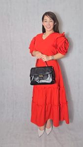 Womens Rose Puff Sleeves Maxi Dress with Tie Waist georgette Fabric