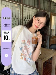 Loose Casual Cartoon Print Short Sleeve T-Shirt Womens Fashion Slimming Top Vintage Anti-aging Cotton Blend Comfortable