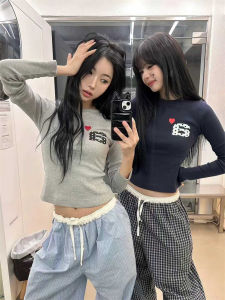 Retro Polka Dot Letter Heart Waist Cinched Slim Fit Long Sleeve T-Shirt Korean Style Cotton Comfortable Breathable Casual Top