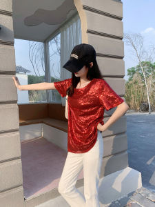 Dance Street Performances Glitter Loose Versatile Short Sleeve T-Shirt Heavy Embellishment Shiny Blingbling Stage Womens Top