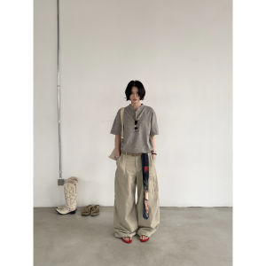 XXDIRLY American Deconstructed Design Large Pocket Side Womens Loose Wide Leg Casual Pants Workwear Cotton Natural Waist