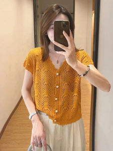 Summer V-Neck Ice Silk Short Sleeve Knitted Top Womens Loose Thin Open Cardigan Hollow out Design Casual Versatile Style