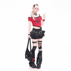 Dark Punk Subculture Printed Slim Fit Short Sleeved Off Shoulder T-Shirt