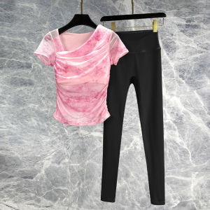 Summer 2025 Yoga Fitness Outfit Womens Mesh Print Tight Two-Piece Set Quick Dry Ultra Elastic Running Training Pilates Set